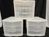 Three Sterelite 3 Drawer Plastic Stacking Storage Containers, approx 10 x12 inches, see pictures for