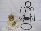 Black Wire Angel Candle Stand with Handmade Wood Angel with Harp