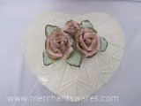 Large Heart Shaped Ceramic Box with Capodimonte Style Rose Top