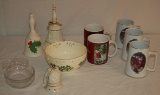 Assorted Christmas Mugs, Bells, and Bowl