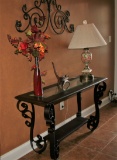 Metal/Wood/Glass Hall Table w/Lamp, Easel, Arrangement, Wall Art