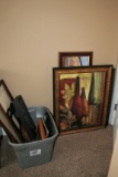 Container of Frames and 2 Framed Artwork