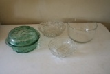 2 Cut Glass Bowls, 1 Casserole Dish w/Top, Glass Salad Bowl