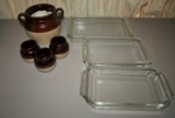 3 Pyrex Dishes, Bean Pot, 4 Bowls