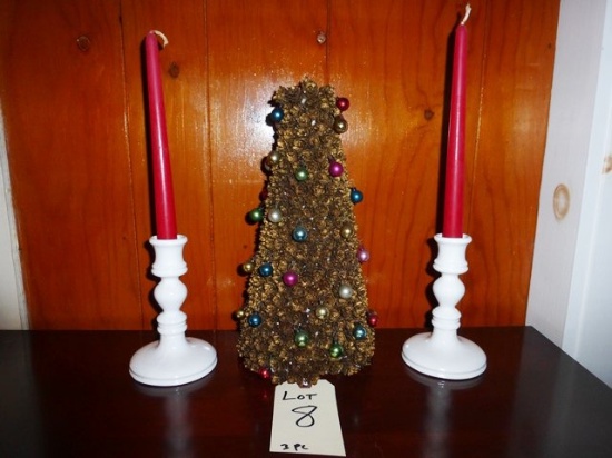 Pair of candle sticks w/handmade pinecone tree