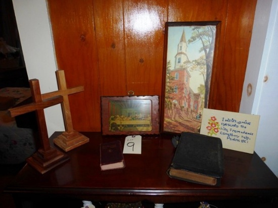 Assortment of religious items including Holy Bible