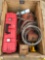 CRATE OF MISC TOOLS/PARTS, EXHAUST CLAMPS, AIR TANK, DRILL