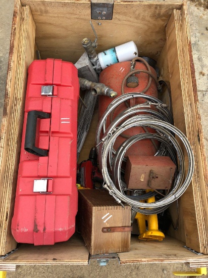 CRATE OF MISC TOOLS/PARTS, EXHAUST CLAMPS, AIR TANK, DRILL