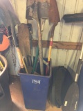 BIN OF NUMEROUS HAND TOOLS, SHOVELS AND RAKES