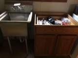 SMALL STAINLESS SINK AND WOODEN CABINET W/CONTENTS