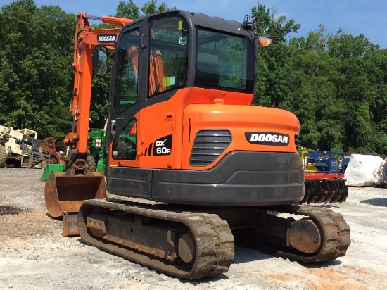 2012 DOOSAN DX60R HYDRAULIC EXCAVATOR, ENCLOSED CAB, HEAT, A/C, PUSH BLADE, RUBBER TRACKS, AUX