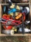 NUMEROUS AIR HOSE AND BOX OF HAND TOOLS AND MEASURING TAPES