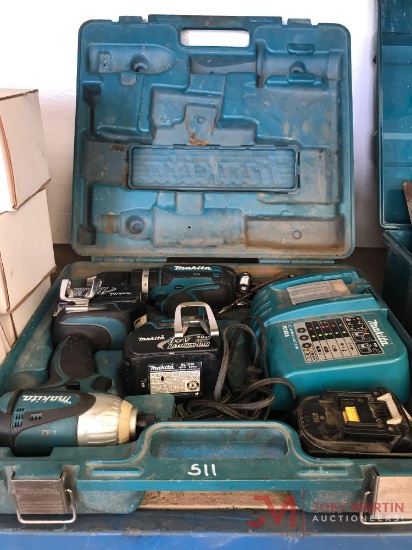 MAKITA DRILL, NUT DRIVER, BATTERIES AND CHARGER W/CASE
