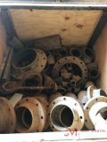 BIN OF VARIOUS SIZE FLANGES, UNIONS