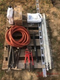 PALLET OF ENGINE OIL, WATER HOSE, CHISELS, BOLT CUTTERS AND LEVELS