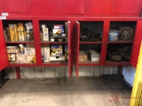 CONTENTS OF CABINET, VARIOUS AIR FILTERS, BRAKE PADS, DRIVE SHAFT YOLKS, MISC STARTERS