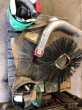PALLET OF VARIOUS SWEEPER BRUSHES, PIPE CLAMPS