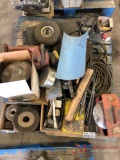 PALLET OF MISC SHOP TOOLS, CUT OFF WHEELS, WIRE BRUSH, GRINDING WHEELS, EXTENSION CORDS