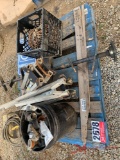 PALLET OF VARIOUS FITTINGS, CHAIN, TRAFFIC CONTROL STANDS, HUSQVARNA TANK, WRIGHT WAY 500LB ELECTRIC