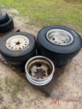 (4) VARIOUS SIZE USED TIRES AND WHEELS, (1) 8 LUG STEEL WHEEL