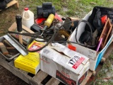 PALLET OF MISC ITEMS, TORCH, GREASE GUN, NAILS