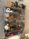 PALLET OF MISC TOOLS, GREASE GUNS, TRAILER HITCHES