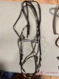 COMPLETE SLIP EAR FERRULED BRIDLE W/ MATCHING REINS, STAMPED, ENGRAVED, GRAZING BIT