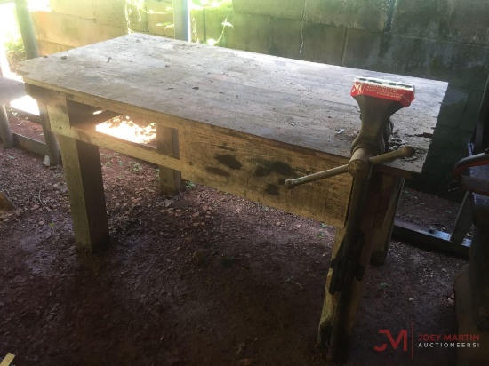 WOODEN WORK BENCH W/ ATTACHED VISE