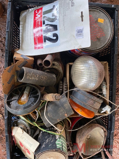 CRATE OF VARIOUS PARTS, LIGHTS, SPARK PLUGS