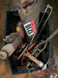 CRATE OF VARIOUS TOOLS, COME-A-LONG, JACK, HAND SAWS
