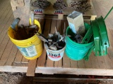 (3) BUCKET OF VARIOUS TOOLS, BRACKETS, HAND SAWS, D RINGS