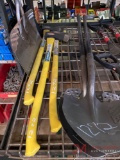 (2) NEW SPADE SHOVELS, (3) NEW AXES, (2) DUST PANS