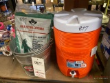 NEW 3 GALLON WATER COOLER, (2) METAL BUCKETS, PROTECTIVE COVERALLS