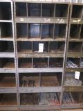 18 BAY SHELF WITH CONTENTS, VARIOUS SIZE DRIFT PINS, TURN BUCKLES