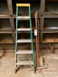 SQUARE NOSE SHOVEL, (2) SQUEEGEES, LOUISVILLE 6' STEP LADDER