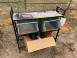 BATTERY RACK, (2) METAL BINS, BOX OF LIGHTS