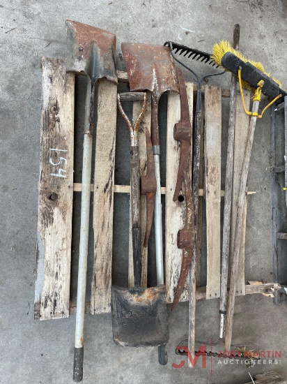 CONTENTS OF PALLET, BRROM, SHOVELS, RAKES, PICK HEADS