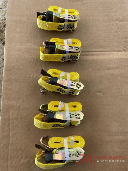 (5) NEW 15FT X 1.5IN RATCHET STRAP WITH J HOOKS