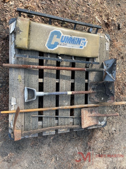 CONTENTS OF PALLET TAMP, SHOVELS, PICK, PRY BAR, CREEPER
