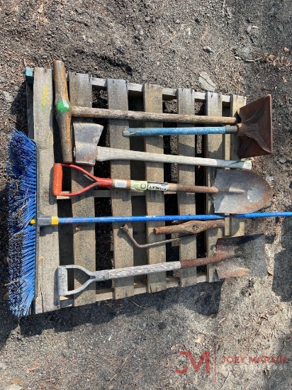 CONTENTS OF PALLET SHOVELS, BROOM, TAMP, LUG WRENCH, AXE