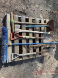 CONTENTS OF PALLET SHOVELS, BROOM, TAMP, LUG WRENCH, AXE