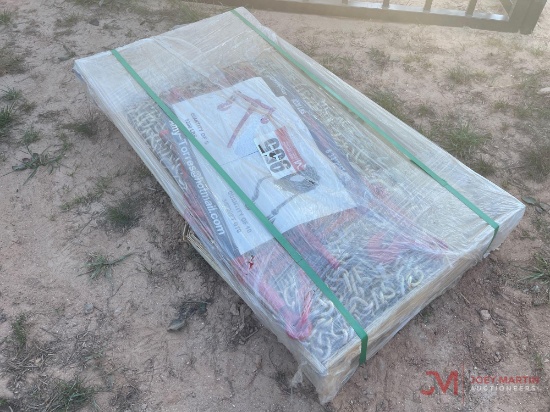 (5) NEW 9200LB RATCHET BINDERS, (10) NEW 20FT 3/8 DOUBLE HOOK CHAINS