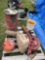 FUEL CANS, GREASE BARREL WITH PUMP HOSE AND REEL, JACK, BOLTS