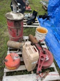 FUEL CANS, GREASE BARREL WITH PUMP HOSE AND REEL, JACK, BOLTS
