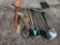 MISC LOT OF VARIOUS HAND TOOLS, PROPANE TANK, HOSE, TRAFFIC SIGNS