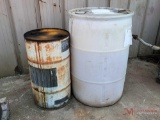 (1) PLASTIC STORAGE BARREL, (1) METAL STORAGE BARREL