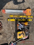 MISC LOT OF LEVELS, GREASE TUBES, TAPE, CONCRETE BLADE, TRI POD