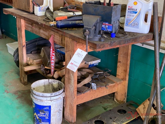 WOODEN SHOP TABLE W/ CONTENTS