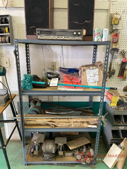 CONTENTS OF SHELF, THREADED ROD, SAFETY VESTS, BENCH GRINDER, RCA RADIO WITH TWO SPEAKERS