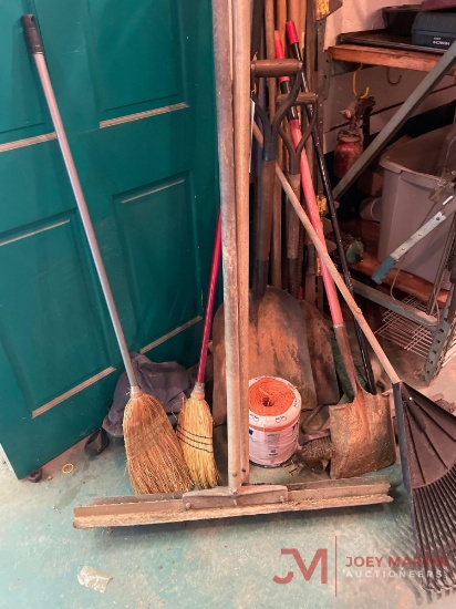 VARIOUS HAND TOOLS, RAKES, BROOMS, SHOVELS, T-POST DRIVER